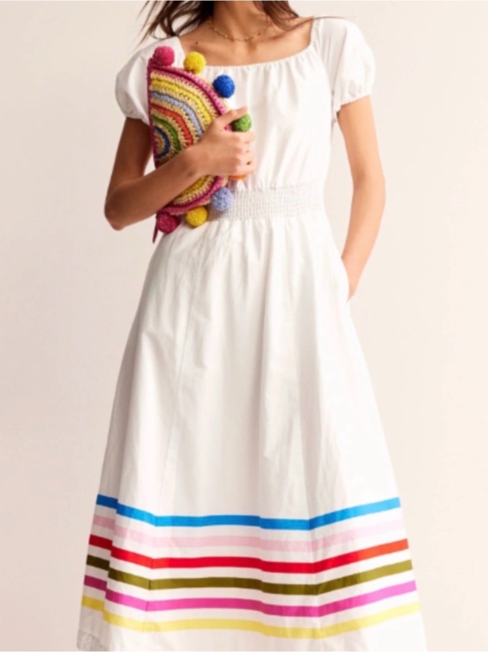 Boden White Cotton Midi Dress with Multicolor Hem Stripes - Picture 2 of 2